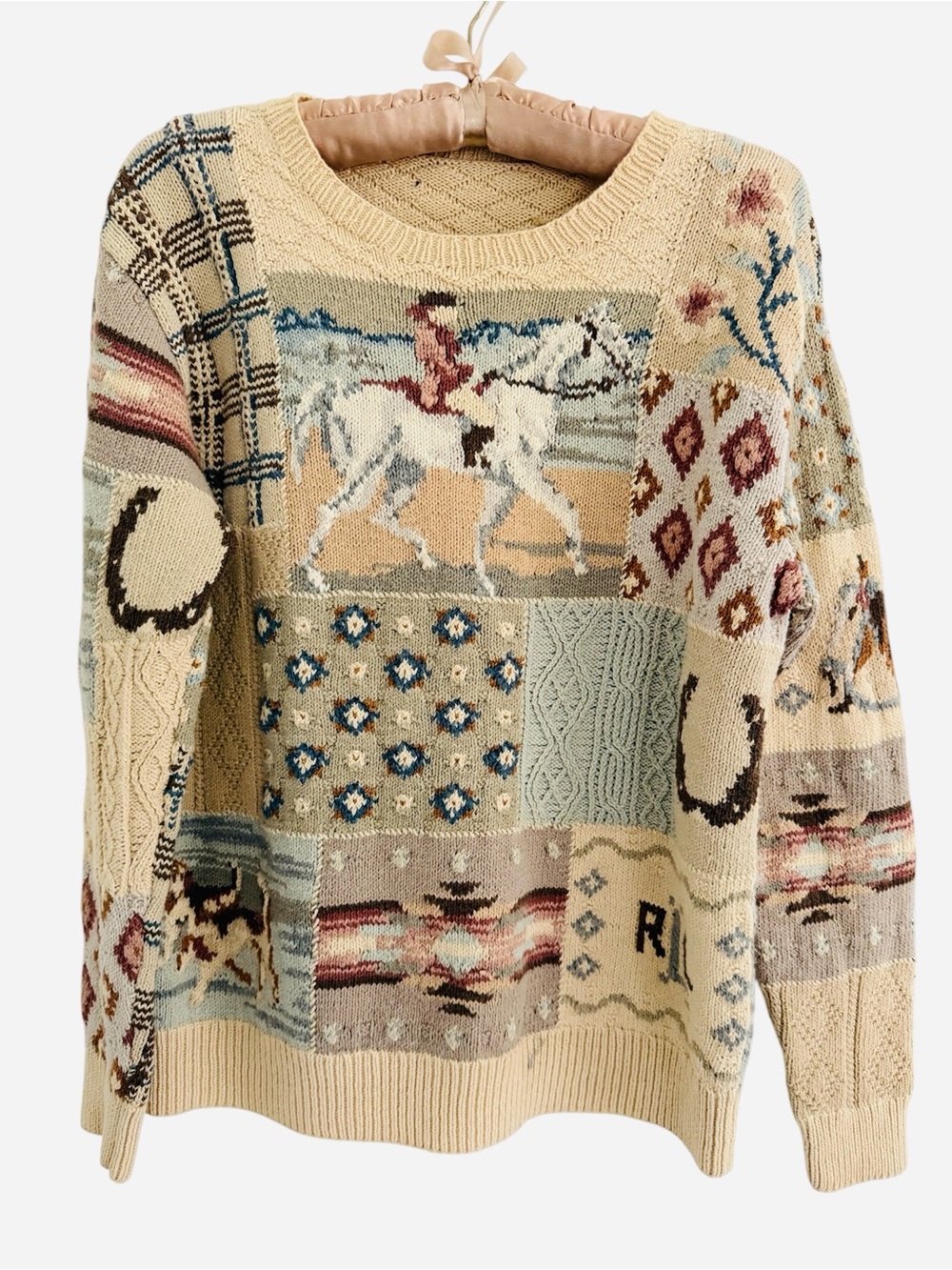 Vintage Y2K Ralph Lauren Beige Patchwork Horse-Print Crewneck Sweater - Picture 2 of 9